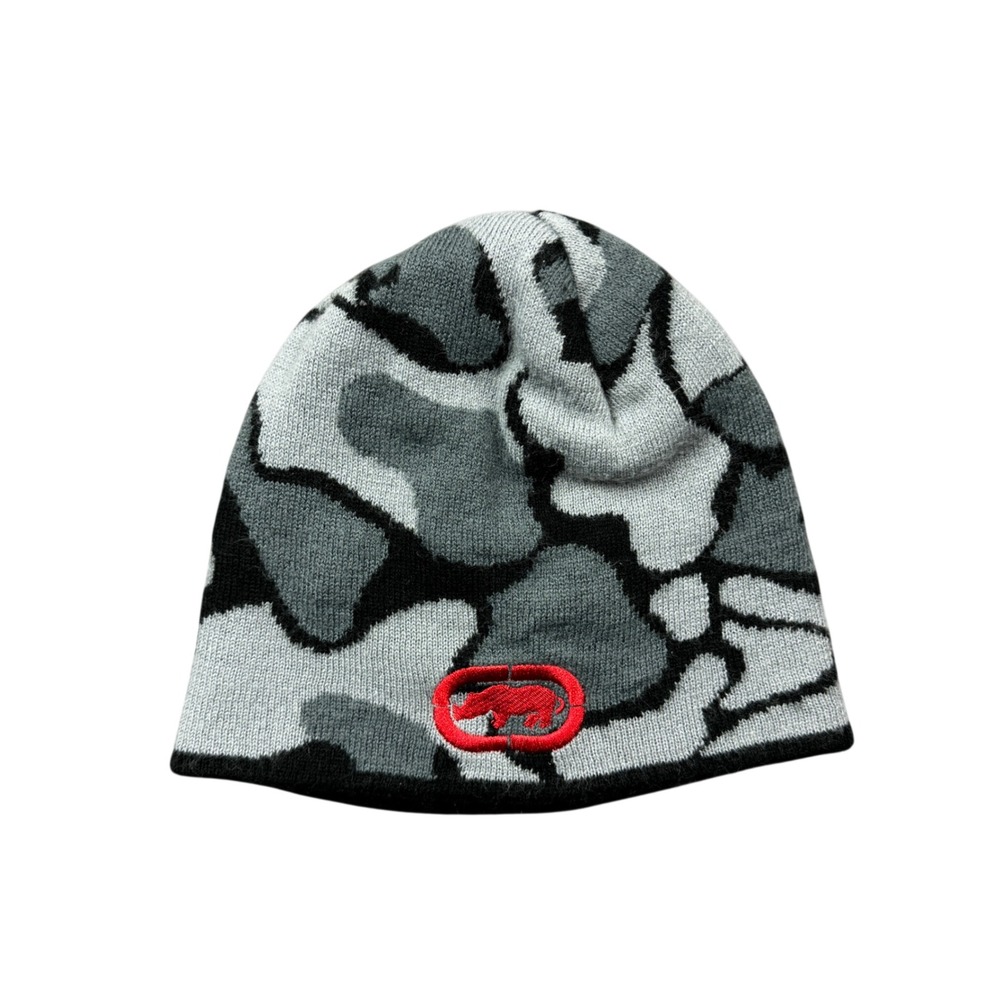 Vtg Y2K Ecko Unltd Mens Grey Black Camo Beanie Red Rhino Logo Skater Streetwear